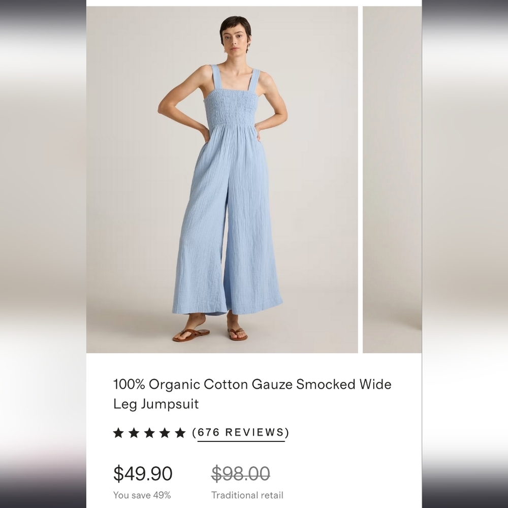 Quince 100% Organic Cotton Gauze Smocked Wide Leg Jumpsuit Size XS